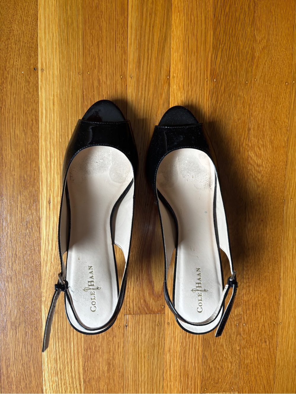 Cole Haan Black Patent Peep-Toe Slingback Heels